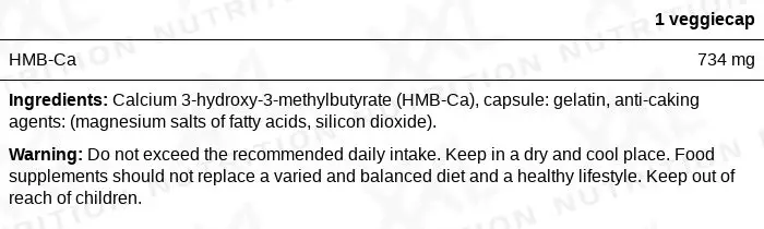 Nutrition values for HMB - 750 mg - 120 capsules
