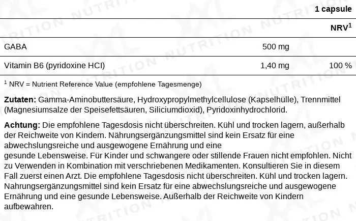 Nährwerte für GABA - 500 mg - 120 Kapseln