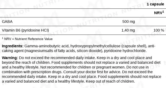 Nutrition values for GABA - 500 mg - 120 capsules