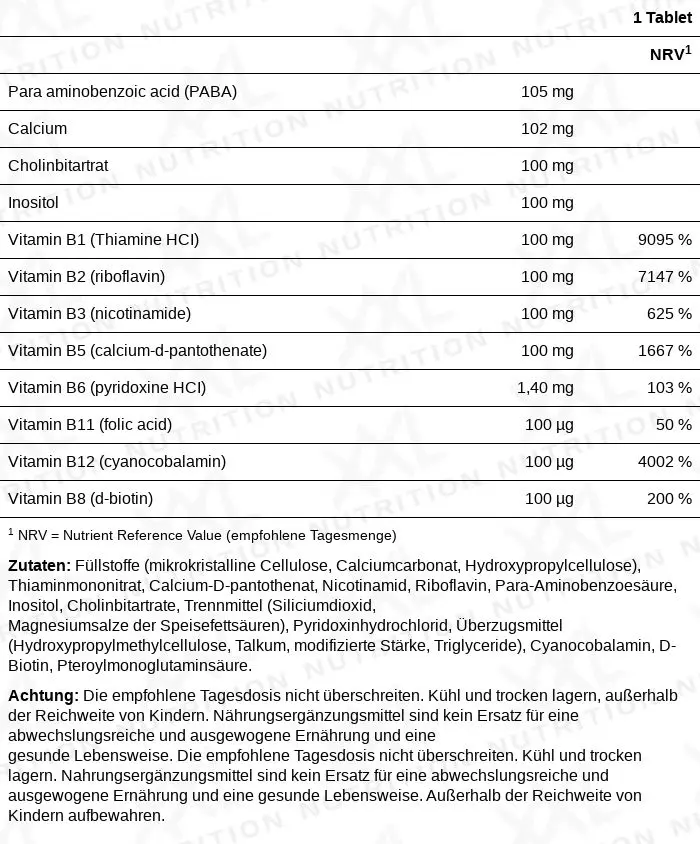 Nährwerte für Vitamin B Komplex - 100 Tabletten