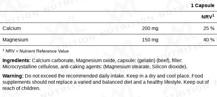 Nutrition values for Calcium & Magnesium - 120 capsules