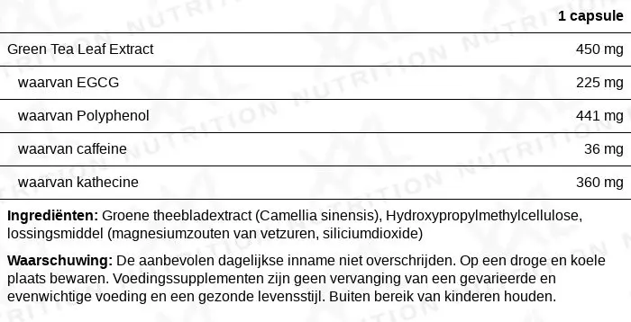Voedingswaarden voor Groene Thee Extract (EGCG) - 120 capsules