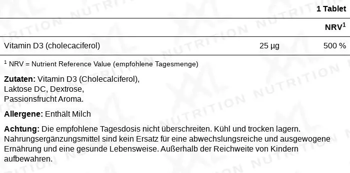 Nährwerte für Vitamin D3 - 1000 IU - 250 Kautabletten