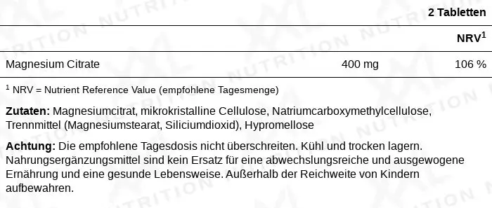 Nährwerte für Magnesium Zitrat - 200 mg - 100 Tabletten