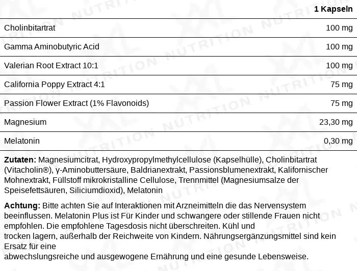 Nährwerte für Schlafunterstützung (Melatonin Plus) - 60 Kapseln
