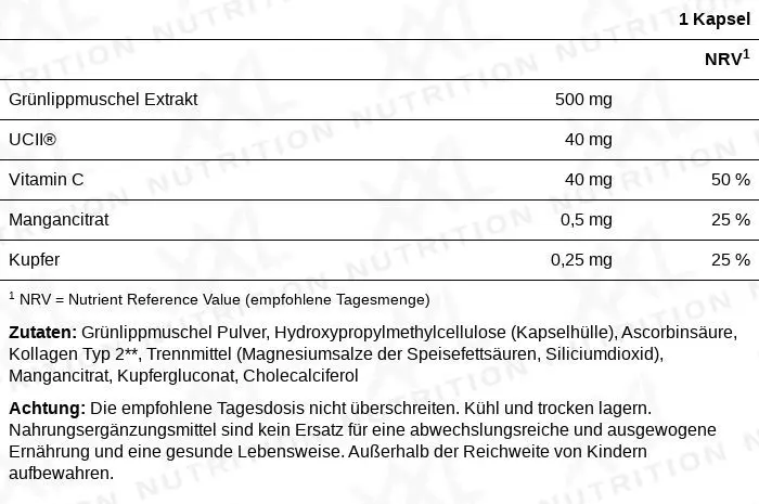 Nährwerte für Gelenkunterstützung (mit Typ-2-Kollagen & Grünlippmuschel) - 30 Kapseln