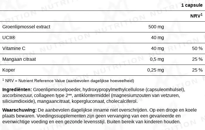 Voedingswaarden voor Gewrichtsondersteuning (met Type 2 Collageen & Groenlipmossel) - 30 capsules