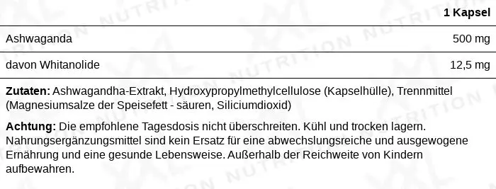 Nährwerte für Ashwagandha - 500 mg - 60 Kapseln
