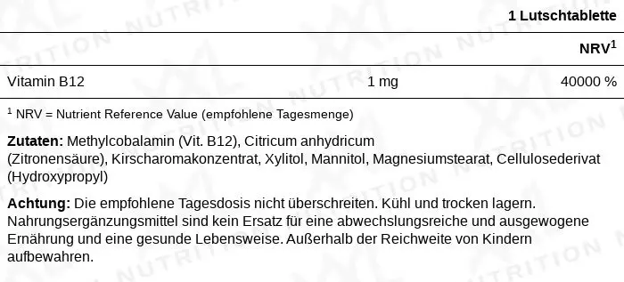 Nährwerte für Vitamin B12 - 1 mg - 60 Lutschtabletten