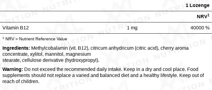 Nutrition values for Vitamin B12 - 1 mg - 60 lozenges