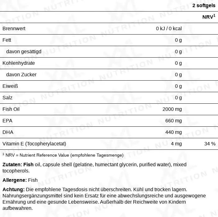 Nährwerte für XONE® - Omega 3 Rein Fischöl - 1000 mg - 100 Softgels