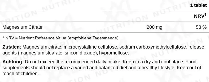 Nährwerte für XONE® - Magnesium Zitrat - 200 mg - 100 Tabletten