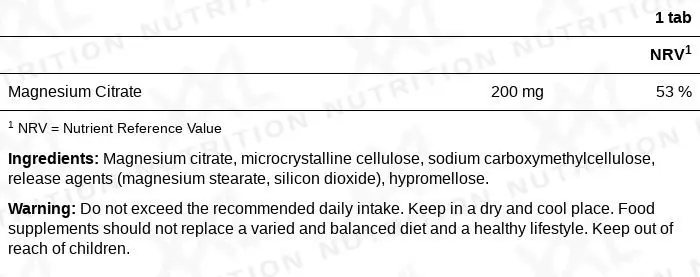 Nutrition values for XONE® - Magnesium Citrate - 200 mg - 100 tablets
