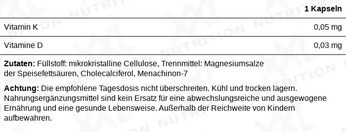 Nährwerte für Vitamin D3 (1000 IU) + K2 (45 µg) - 60 Tabletten