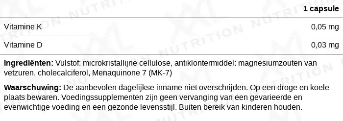 Voedingswaarden voor Vitamine D3 (1000 IU) + K2 (45 mcg) - 60 tabletten