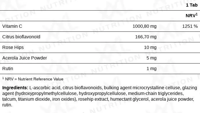 Nutrition values for XONE® - Vitamin C - 1000 mg - 120 tablets