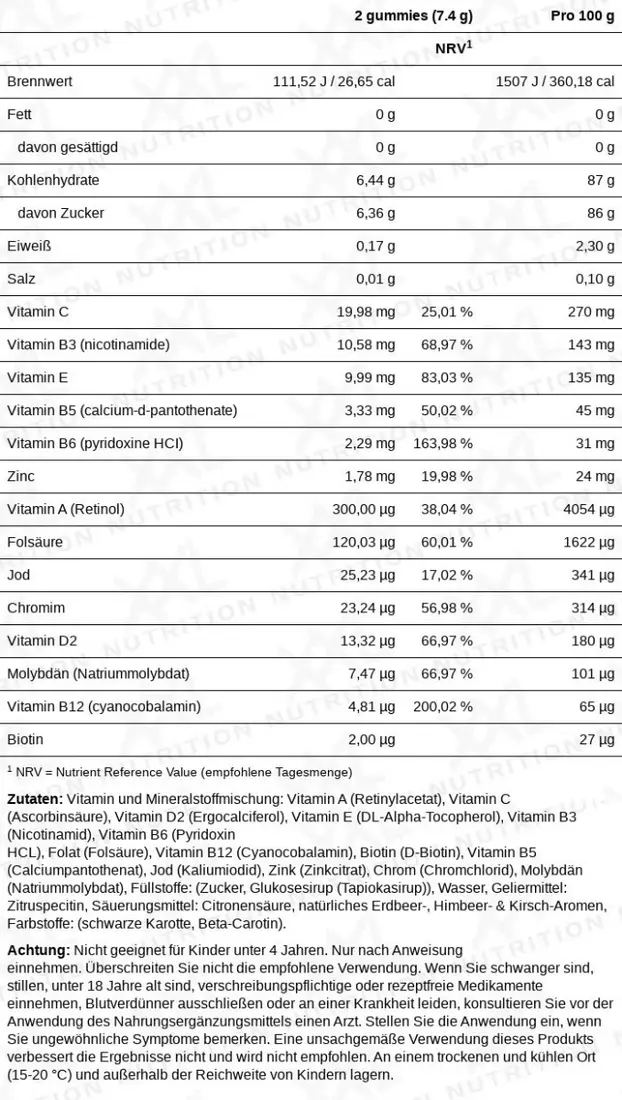 Nährwerte für Multivitamine - 50 Gummies