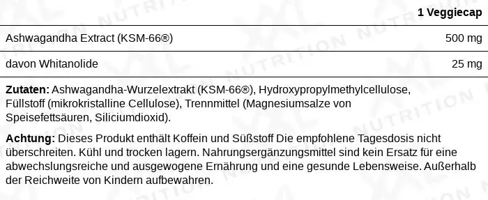 Nährwerte für Ashwagandha KSM-66® - 500 mg - 60 Kapseln