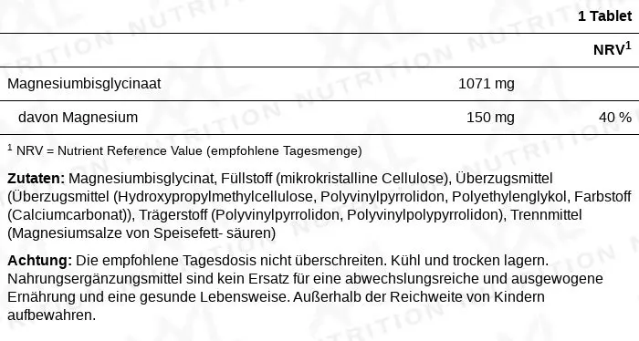 Nährwerte für Magnesium Bisglycinat - 150 mg - 90 Tabletten