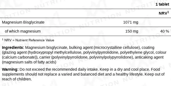 Nutrition values for Magnesium Bisglycinate - 150 mg - 90 tablets