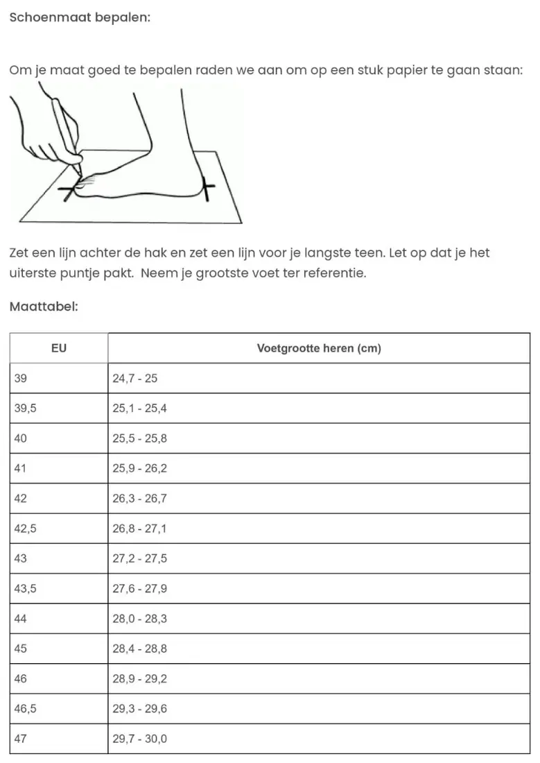 Size chart for Arena Sneaker - Black