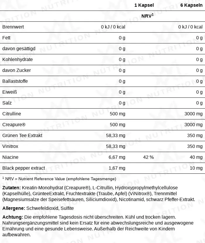 Nährwerte für NitroX (Kreatin & Nitric Oxide) - 180 Kapseln