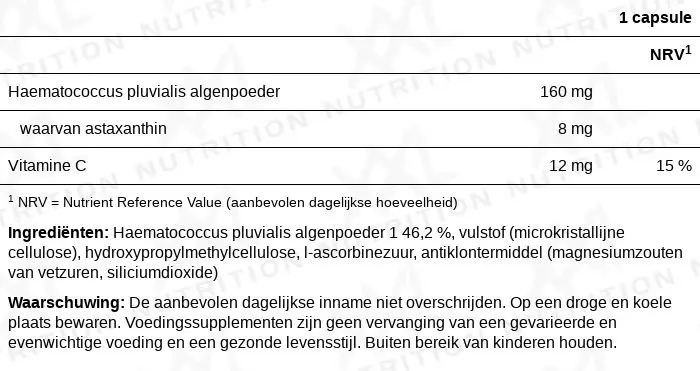 Voedingswaarden voor Astaxanthine - 8 mg - 60 capsules